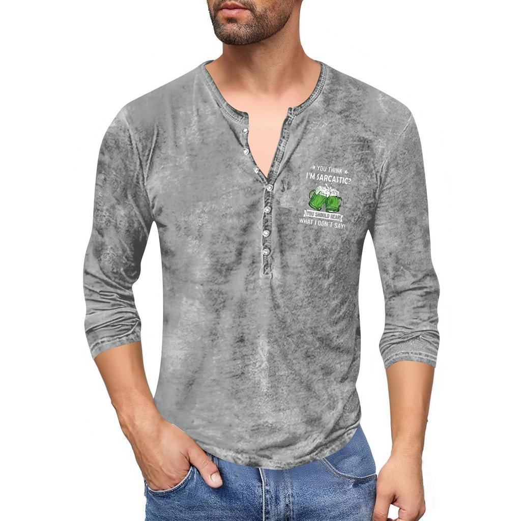 Men'S Printed T-Shirt Outdoor Retro Button Loose Long Sleeve Top