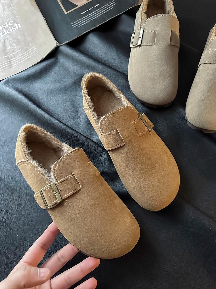 Birkenstock Shoes Women's 2025 New Winter Velvet All-inclusive Leather Spring and Autumn Single Shoes Flat-bottomed One-pedal Doudou Shoes Cotton Sho