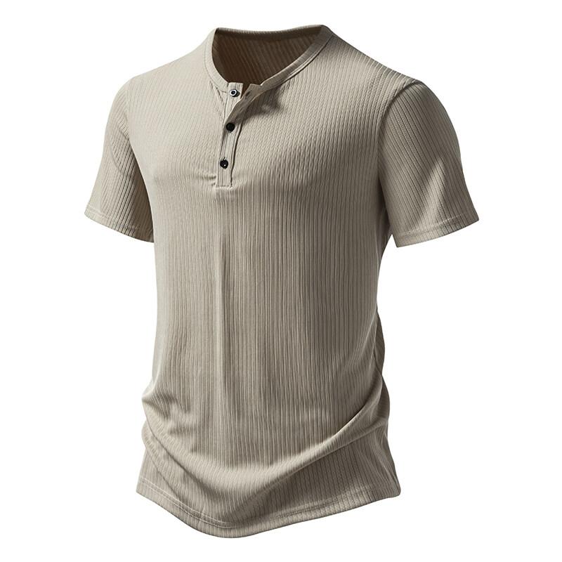 Summer European and American Casual Men's Short Sleeved T-shirt Button Henry Neck Pit Striped T Shirts Male Solid Color Top Tees