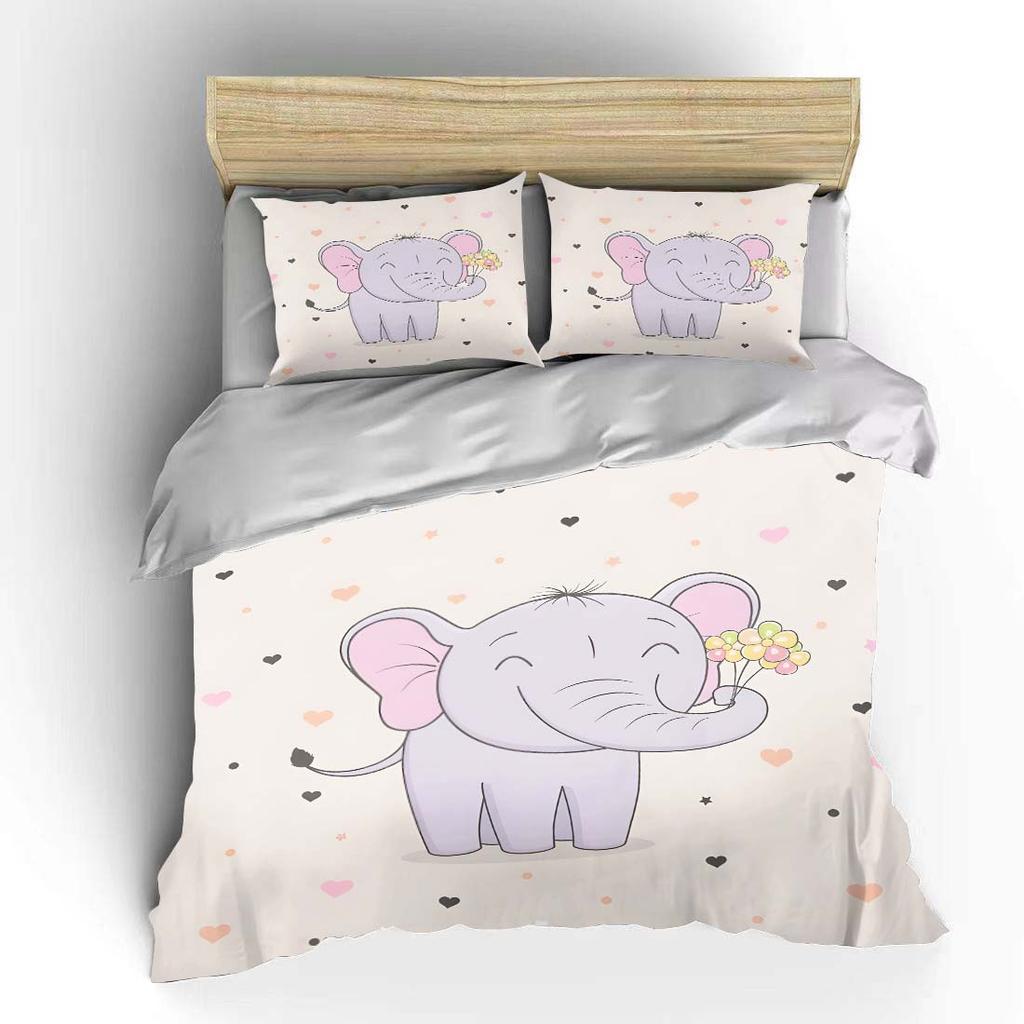 Cute Elephant Holding Flowers Print Bedding Set 1 Duvet Cover 2 Pillowcases For Adult And Children Luxury Gift Full Size