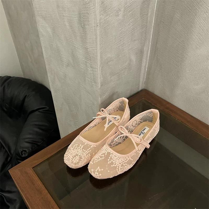 Damen Frühling Sommer Mary Jane Schuhe Ballerinas Atmungsaktives Mesh Stickerei Flats Süße Schleife Weibliche Tägliche Gehsandalen
