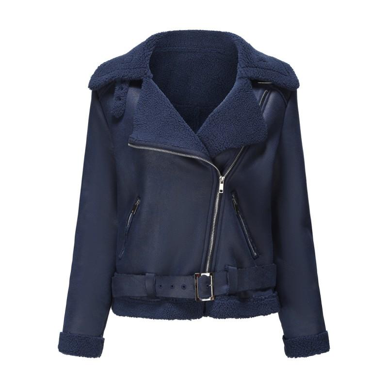 Womens Faux Suede Leather Jacket With Fur Collar Fall Winter Warm Outerwear Long Sleeve Zipper Coat