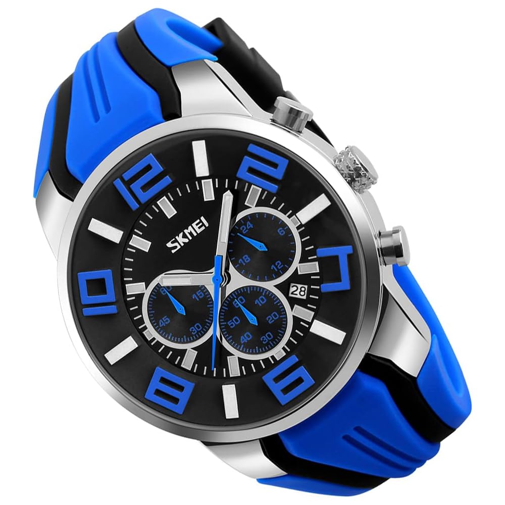 Men s Big Face Analog Chronograph Watch Blue Silicone Waterproof Sports Design