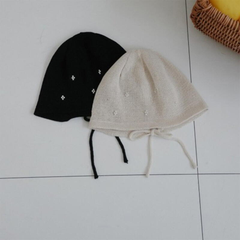 Women s see-through pearl flower ribbon back slit cotton bucket hat ivory