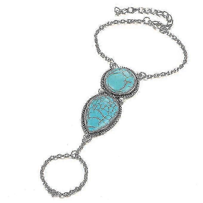 Donna Boho Retro Celebrità Turchese Catena Schiava Anello Bracciale Imbracatura Mano-Argento Antico hwy