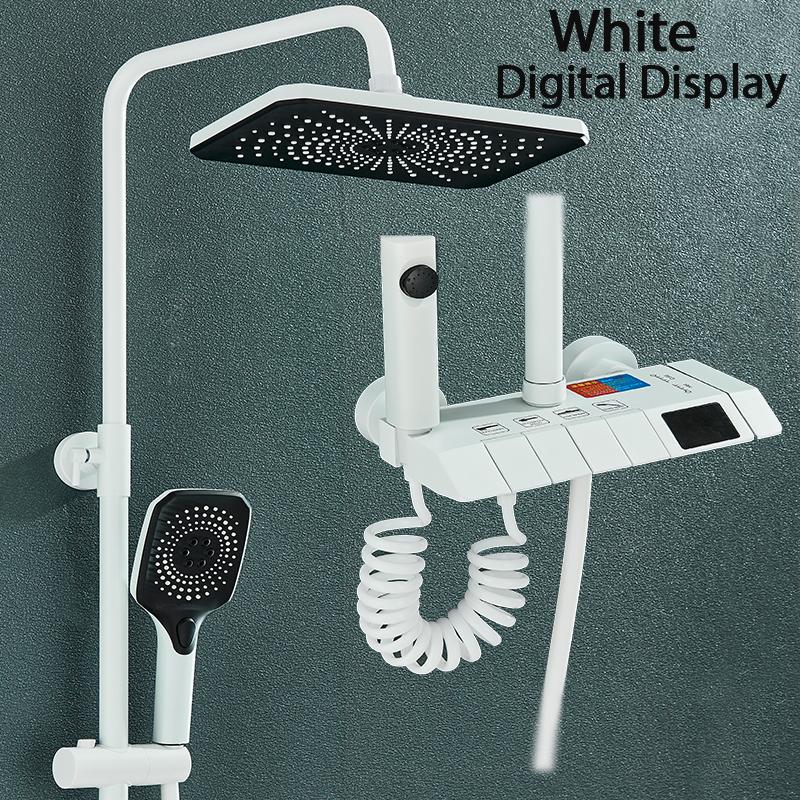 Grey Piano Digital Shower Set Intelligent Brass Bathroom Faucets Hot Cold Waterfall Tap Rainfall Gray Shower System Chuveiro