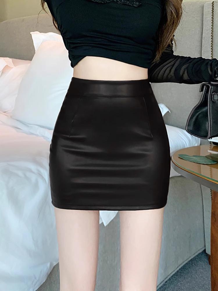 Women's Brown High-Waisted PU Leather Bodycon Skirt - Slim-Fit, Sexy Pencil Style for Autumn/Winter 2026.