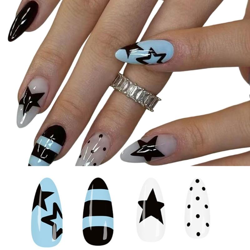 24Pieces Light Blue Star Pattern Glossy Press On Nail Medium Almond Shape Reusable Fake Nail Safe ABS Material Nail Art Designs
