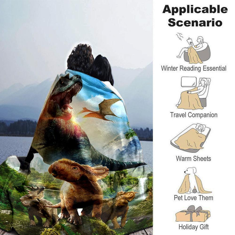 Realistic T‑Rex Triceratops Dinosaur Scenery Print Flannel Blanket Soft Warm Throw Blanket for Sofa Bed Living Room