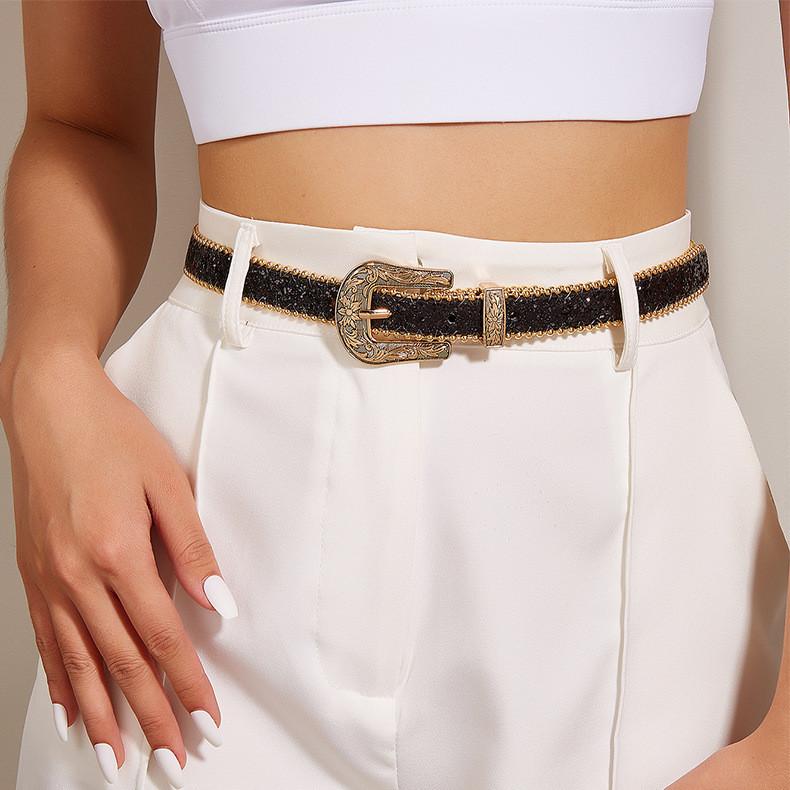 Women's Carved Buckle Belt With Ins Style Pu Leather Fashion Waistband European And American Personality Glittery Skinny Jeans Belt