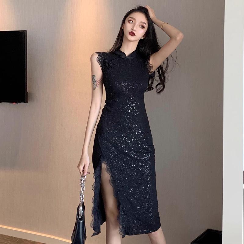 New women's clothing retro lace split fork improved cheongsam dress
