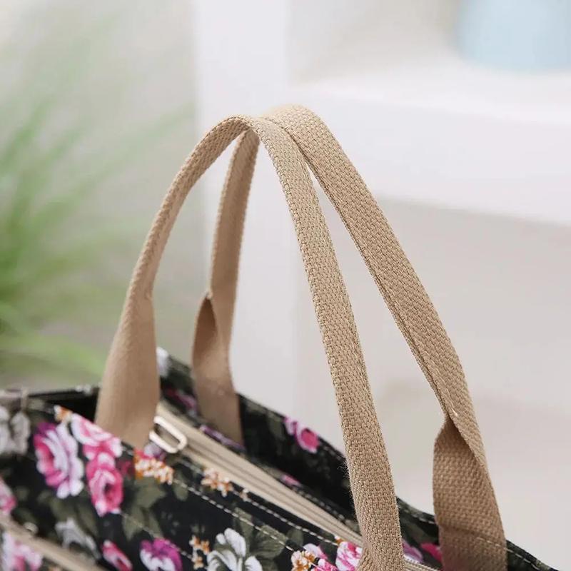Fashion Floral Print Tote Bag Portable Canvas Lunch Bag Women's Casual Handbag Bento Mommy Shoulder Bag For Picnic Travel
