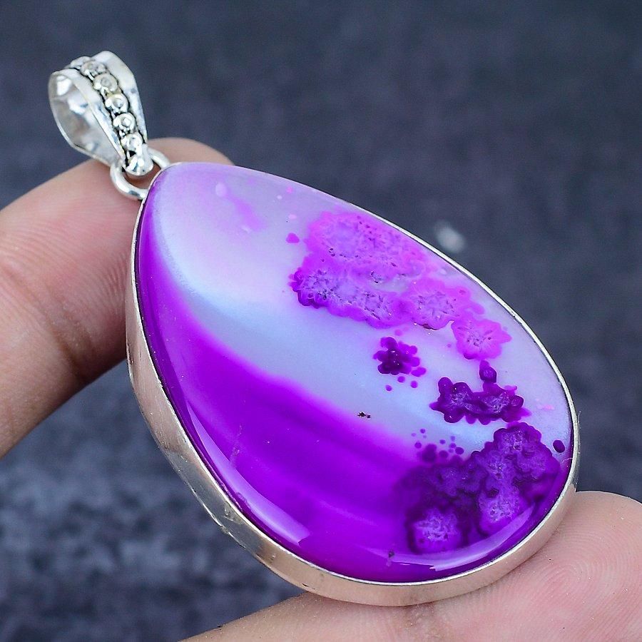 Natural Pink Lace Agate Gemstone 925 Sterling Silver Jewelry Pendant 2.48" i4C87