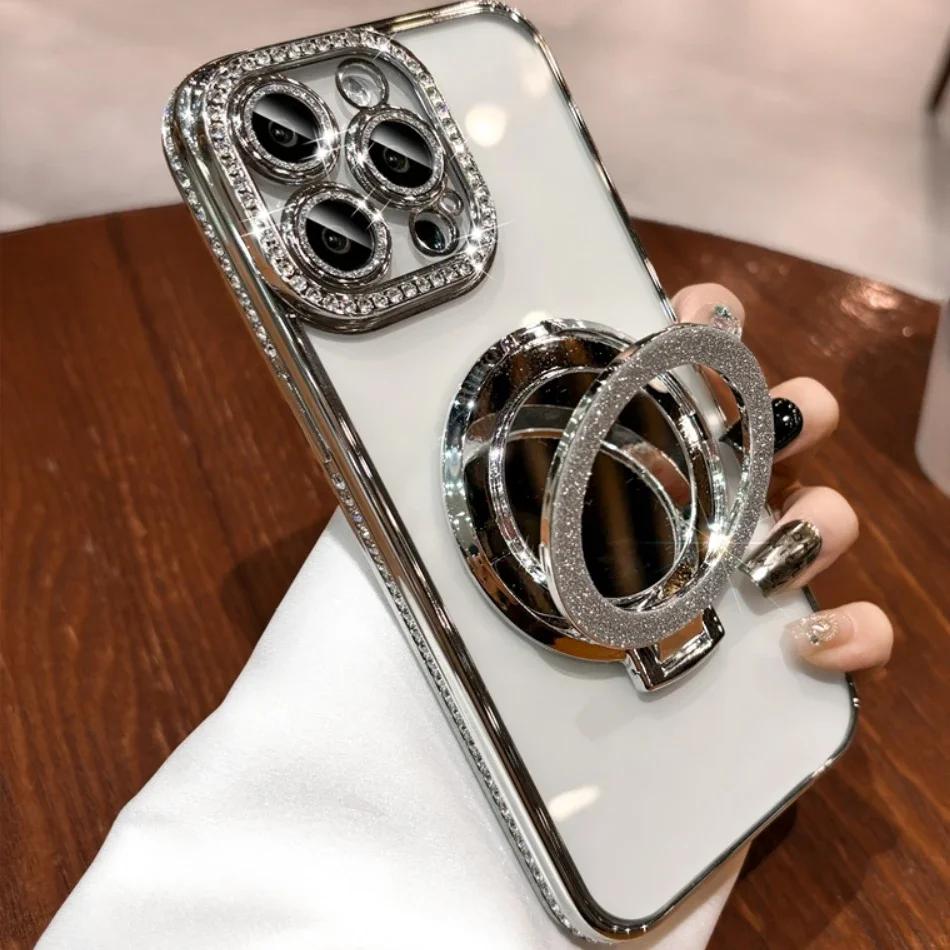 High Grade Mirror Stand Glitter Rhinestone Phone Case For iPhone 15 14 11 12 13 16 Pro Max 15 Plus Magnetic Clear Protect Cover