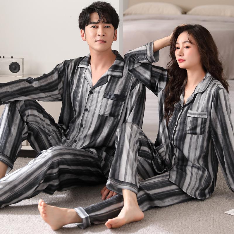 Couple Pajamas Women'S Ice Silk Long Sleeves With Chest Pads Loungewear Men'S Summer Can Wear High-End Suits