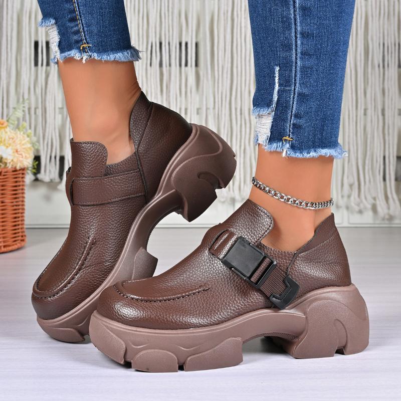 Retro Women Shoes Spring and Autumn Height Increase Thick Soled Casual Leather Shoes Round Head Buckled  Platform Sneakers Women