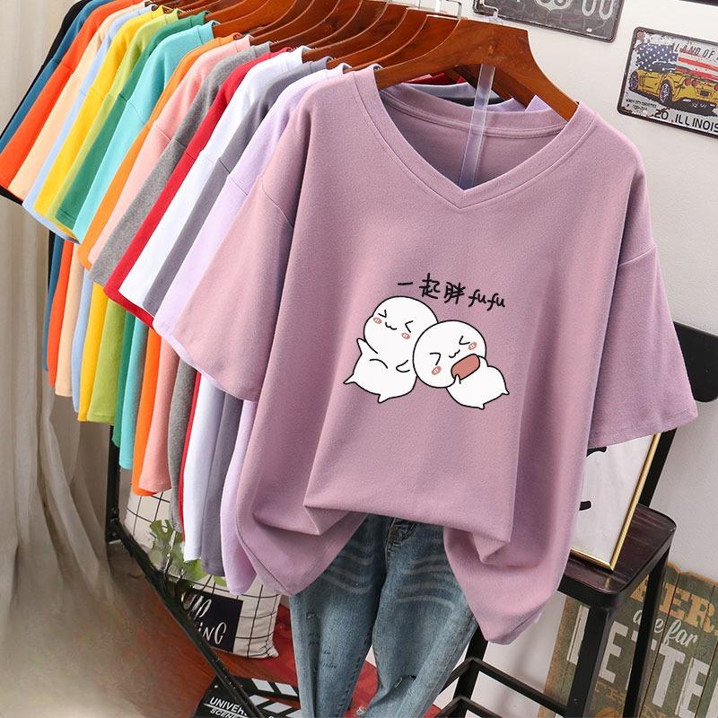 Camiseta de manga curta, Solta, Top V-neck Estampado Emagrecedor para Mulheres