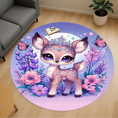 1PC Deer Flowers Fantasy Round Chair Mat Area Rug - Non-Slip, Floor Mat for Office, Bedroom, Home Decor Christmas Gift C0528020