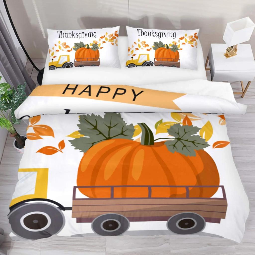 Autumn Pumpkin Truck Bedding Set Boys Girls Twin Queen Size Happy Fall Thanksgiving Duvet Cover Pillowcase Bed Kids Adult