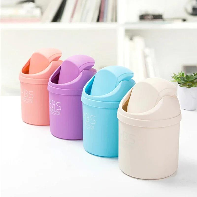 1 pz Mini Pattumiera da Scrivania in Plastica con Coperchio, Elegante Pattumiera da Bancone Cestino per Carta da Tavolo Rotondo Piccolo Rifiuti