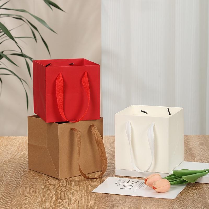 Kraft Paper Square Gift Bag with Handles Reusable Packaging Bags for Small Shopping Wedding Birthday Party Flower Bags Square Cake Tote Sacks 10pcs
