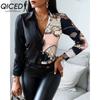 QICED Women's Fashion Casual Solid Color Print Long Sleeve POLO Neck Blouses & Shirts