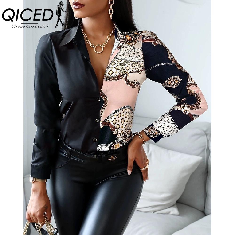 QICED Women's Fashion Casual Solid Color Print Long Sleeve POLO Neck Blouses & Shirts
