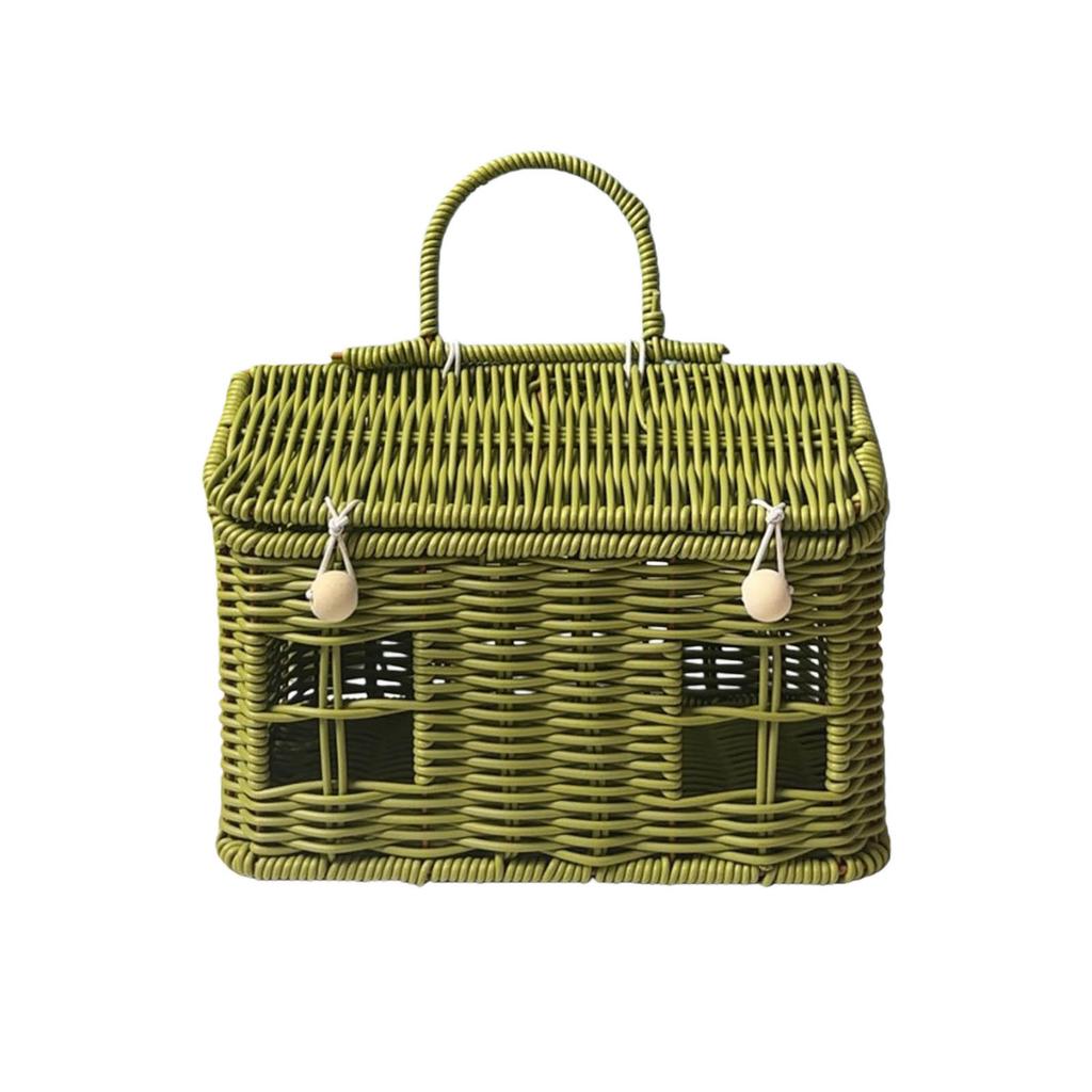 This Plastic Rattan House-shaped Basket, With A Lid And Folding Handle, Is Perfect For Picnics, Easter, Tidying Up, And Other Occasions.