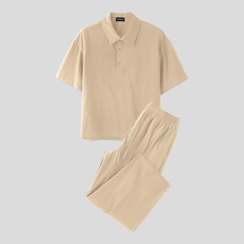 

INCERUN Vintage Two Pieces Men Lapel Neck Short Sleeve T-Shirt Long Straight Pants Outfits 4XL абрикосовый
