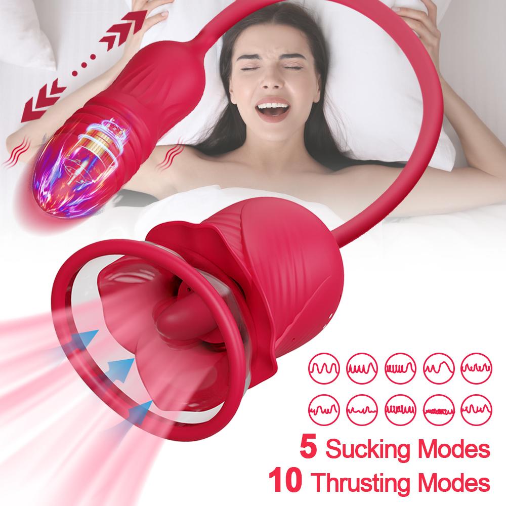 Rose Thrusting Sucking Tongue Licking Clitoral G Spot Double Head Vibrator Anal Licking Clitoral Teasing Telescopic Masturbation