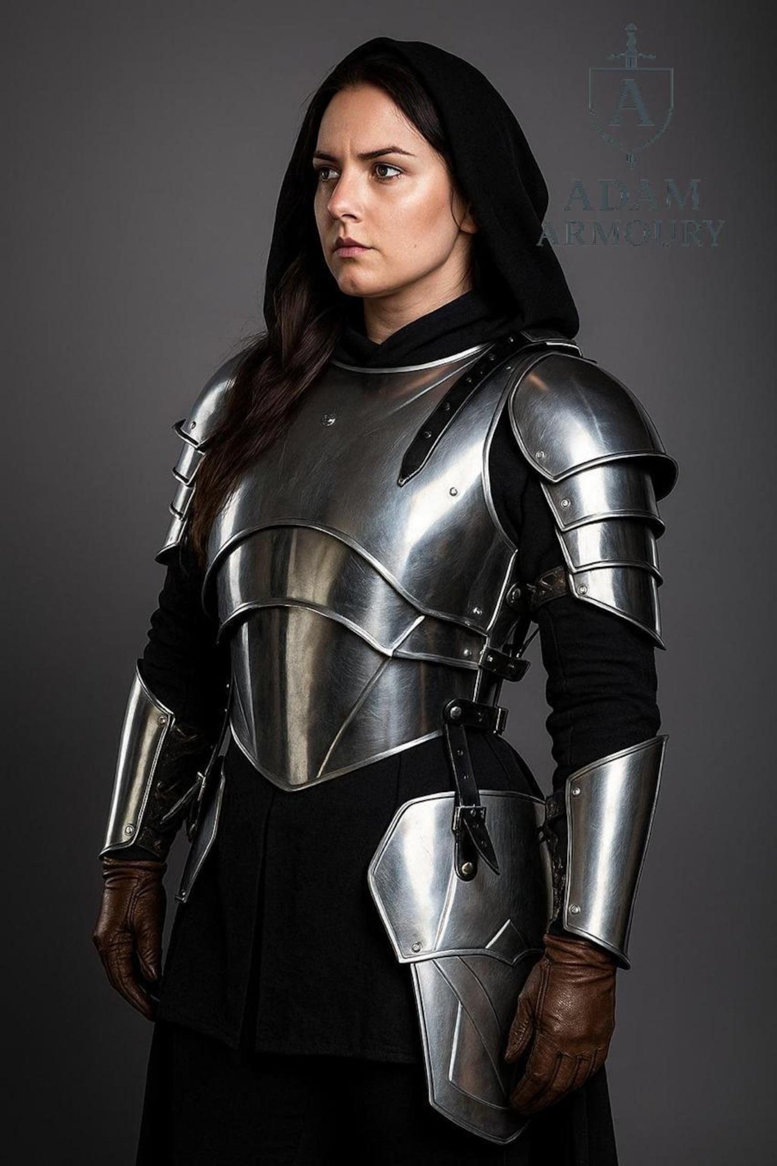 Women s Medieval Warrior Costume Set with Shoulder & Arm Guards for Cosplay, LARP & Renaissance M,L,XL серебряный