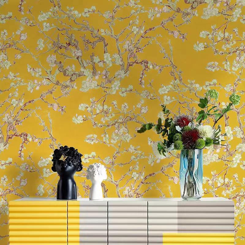 PVC Wallpaper Painting European Style Luxury Yellow Floral Wallpaper Living Room TV Sofa Hotel Background Flower Wall Art Mural