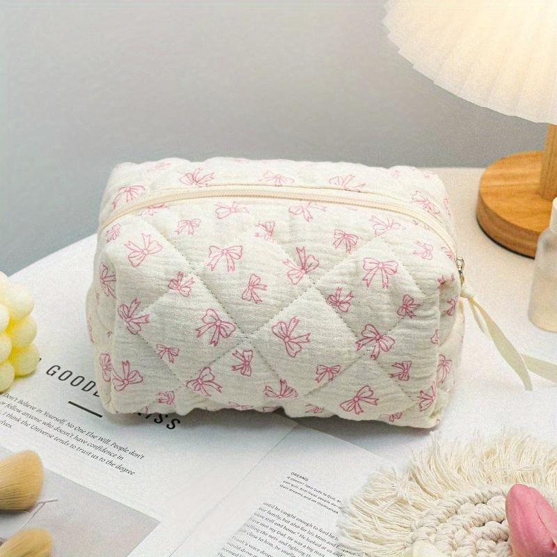 Cute Bow Make Up Bag Cute Bow Knot Pattern Toiletries Bag Travel Make Organizer Zipper Pouch, Quilted Cosmetics Bag, Stylish Foldable Commuter