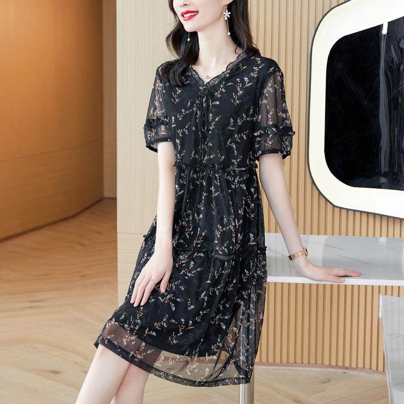Elegant Broken Flowers Printed Dresses Summer Stylish Edible Tree Fungus Spliced Female V-Neck Drawstring Bow A-Line Midi Dress