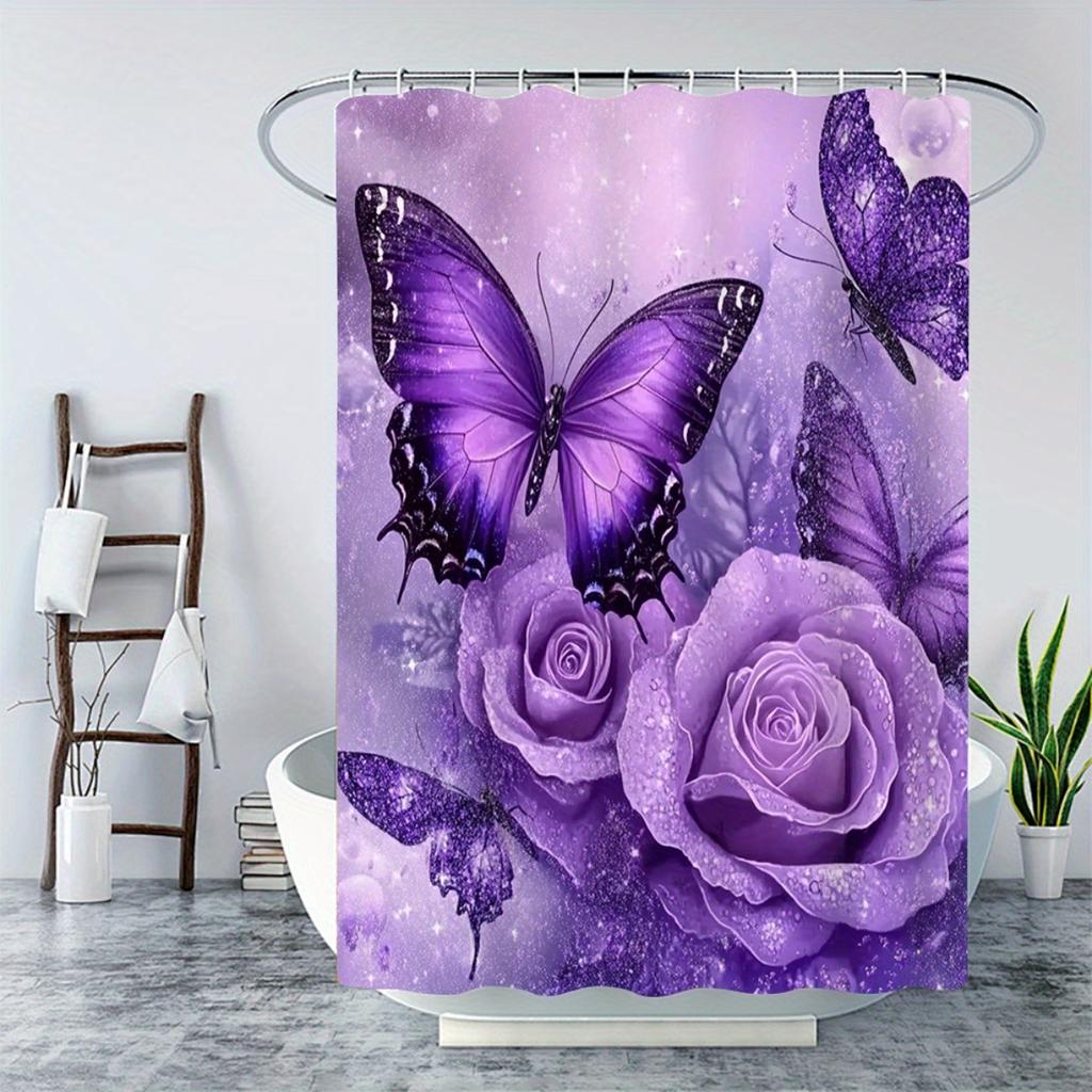 1/4pcs Bathroom Shower Curtain Set Purple Butterfly Bathroom Curtain With 12 Hooks Non Slip Rugs Toilet Cover Mat Bathroom Partition