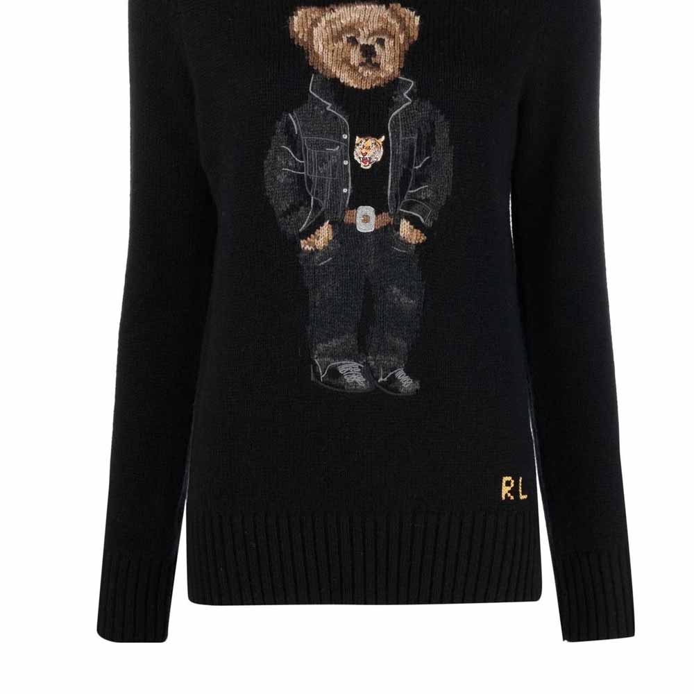 Polo Ralph Lauren SS22 Cartoon Teddy Bear Pattern Jacquard Crew Neck Pullover Casual Long Sleeve Sweater Women sweater Black 211857294-001