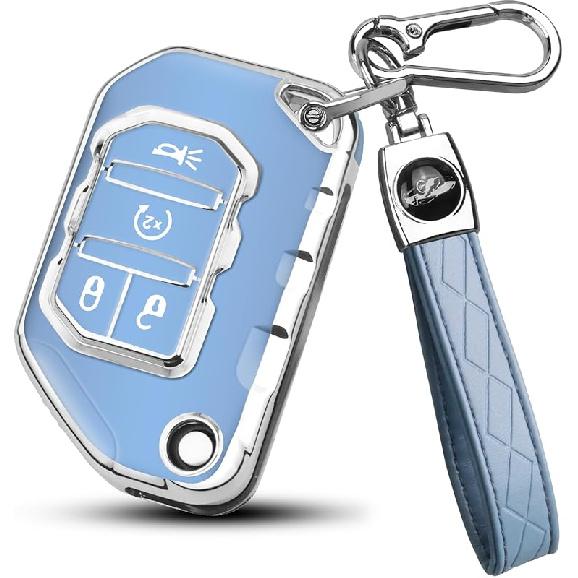 QBUC For Jeep Key Fob Cover With Keychain Flip Key Case For 2018 Jeep Wrangler Gladiator JLU JL Rubicon JT (Blue)
