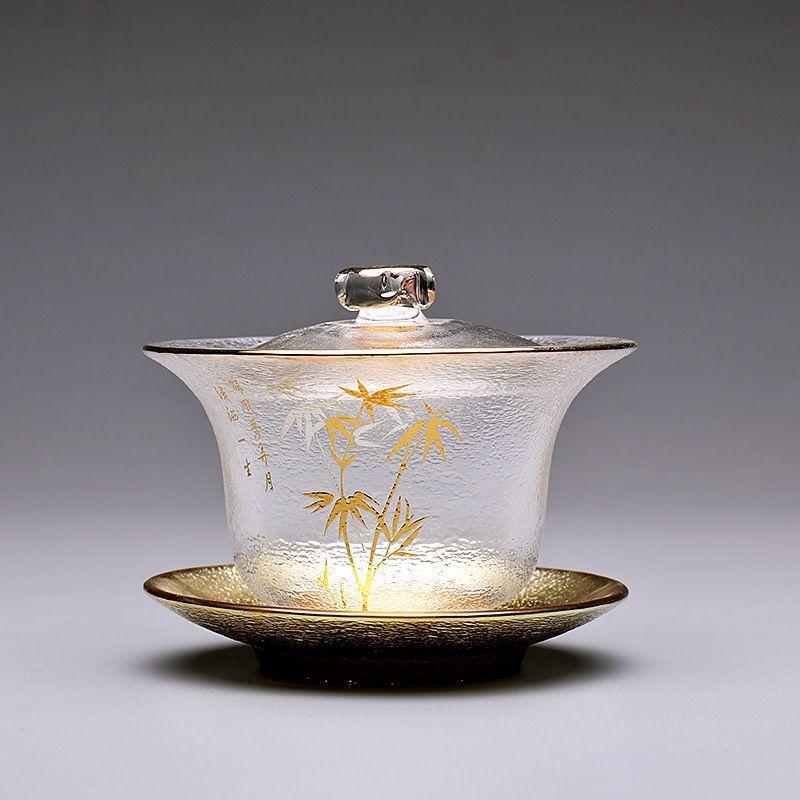 Chinese-style Heat-resistant Hammered Glass Tea Set, Including A Gold-rimmed Teapot, TeaCup, and Fair Mug for Kung Fu Tea
