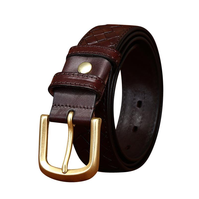 3.8Cm Retro Fashion Trend Versatile First-Layer Cowhide Woven Belt Men'S Genuine Leather Copper Buckle Woven Belt