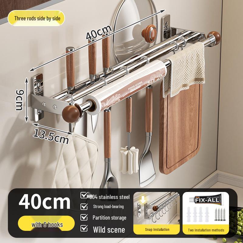 Wall-Mounted Multi-Functional Kitchen Rack: Knife Holder, Pot, Spatula & Spoon Storage, Punch-Free Installation
