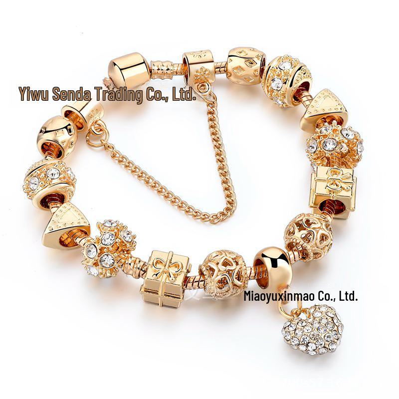 New Panjia Style Gold-Plated Beaded Bracelet with Full Diamond Love Design