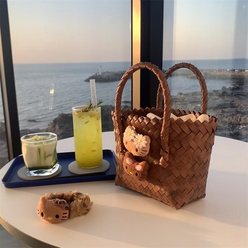 Summer 2025 Cartoon Cat Handbag - Handmade Imitation Rattan Woven Basket for Single Shoulder Use