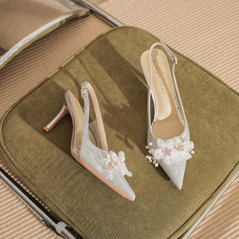 

7520-8 [sheepskin] high heels women s thin heels 2025 new pointed empty sandals crystal flower wedding shoes 39