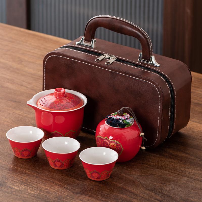 High-end Guochao travel tea set, household high-end business gifts, light luxury, a pot of three cups, commemorative souvenir gifts