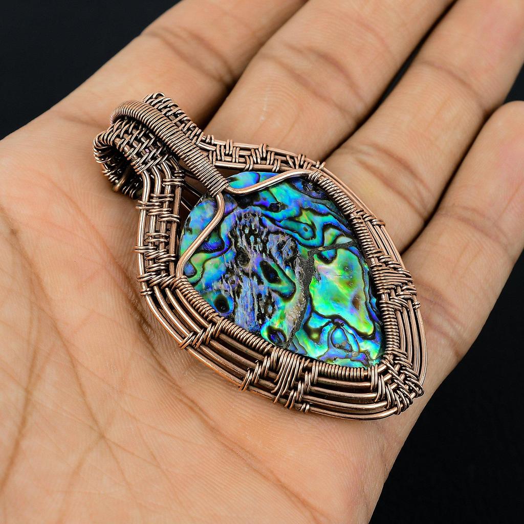 Abalone Shell 999 Copper Wire Wrapped Pendant, Handmade Gemstone Pendant Jewelry, Gifts For Wife Brand New Pendant