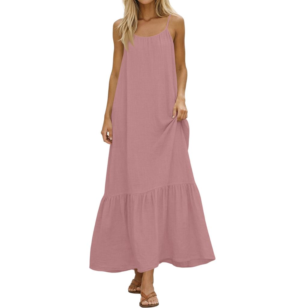 Dames Zomerjurken Spaghetti Bandjes Ronde Hals Gerimpeld Ruches Vloeiend Boho Maxi Jurk