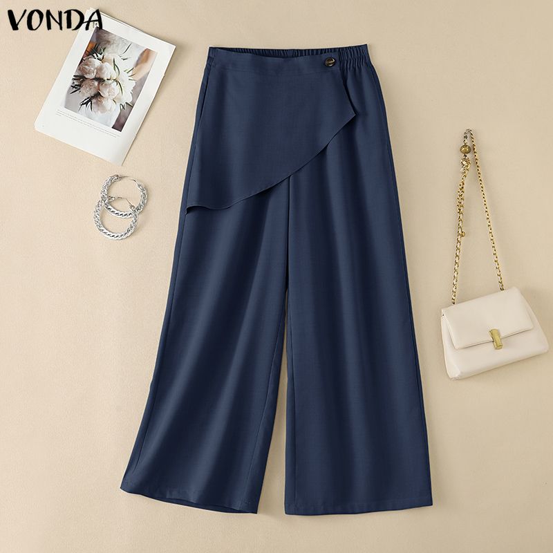 VONDA Womens Casual Asymmetrical Flap Back Elastic High Waisted Wide Leg Trousers Loose Fit Palazzo Pants
