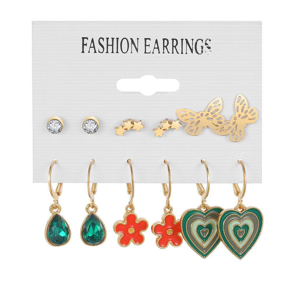 Multi-layer Geometric Circle Inlaid Rhinestone Butterfly Stud Earrings Set 6 Pairs of Creative Butterfly Pendant Earrings