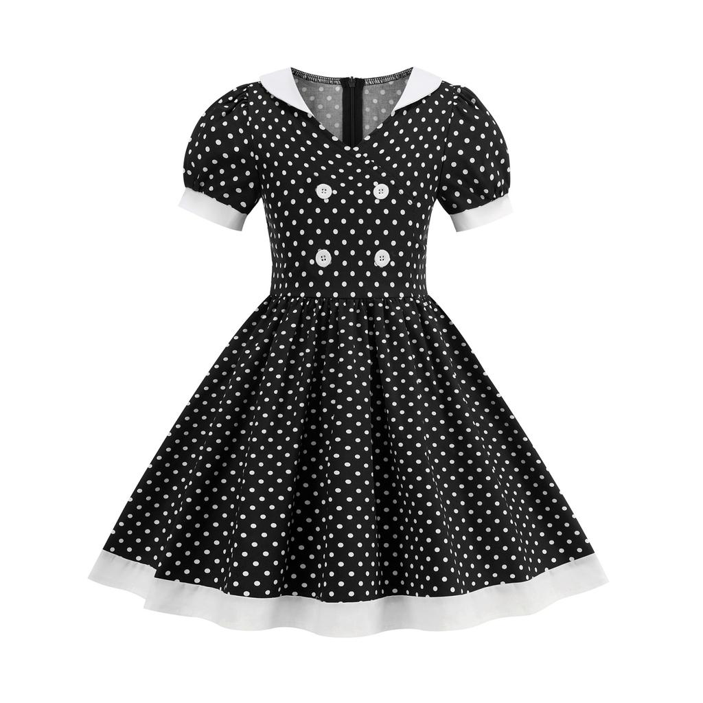 Fashion Summer Waist Polka Dot Dress Sweet Square Neck  Girls Women's Clothing