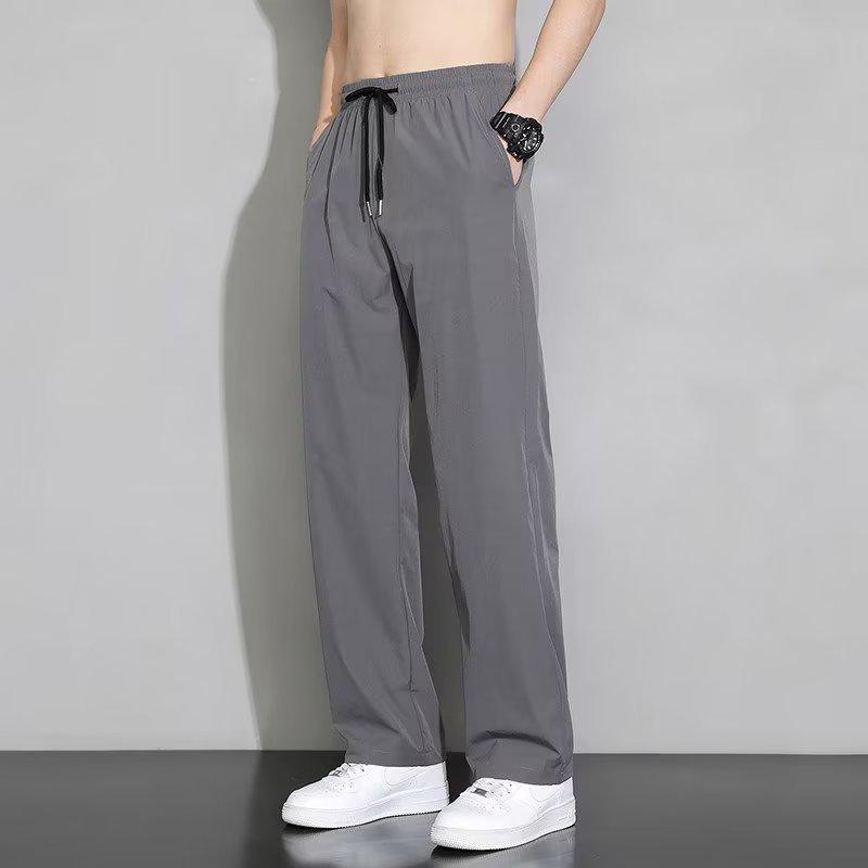 Pantaloni Casual Sottili in Seta Ghiacciata da Uomo - Vestibilità Slim, Stile Coreano, Leggeri, Pantaloni Sportivi Dritti Larghi per Primavera, Estate e Autunno.